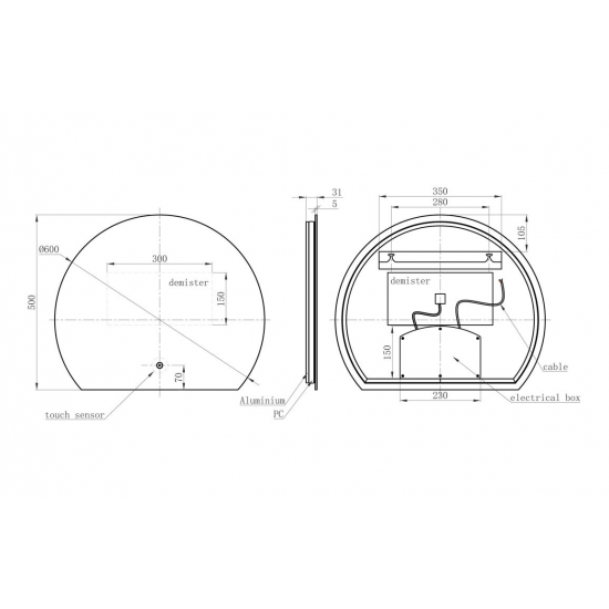 Otsu 600x500mm Round Back-Lit LED Mirror from Ebzone