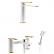 Abode Levarto Tall Basin & bath/shower Tap Set 6 - Matt White & Brass Abode Levarto Tall Basin & bath/shower Tap Set 6 - Matt White & Brass
