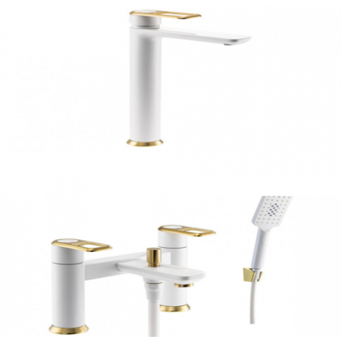 Abode Levarto Tall Basin & bath/shower Tap Set 6 - Matt White & Brass Abode Levarto Tall Basin & bath/shower Tap Set 6 - Matt White & Brass