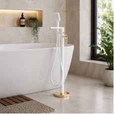 Abode Levarto Floor Standing Bath Shower Mixer - Matt White & Brass
