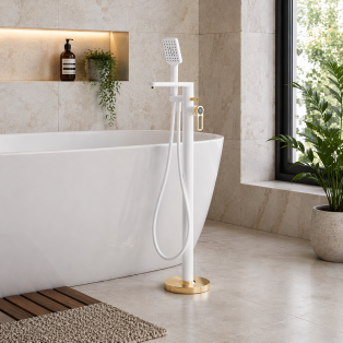 Abode Levarto Floor Standing Bath Shower Mixer - Matt White & Brass Abode Levarto Floor Standing Bath Shower Mixer - Matt White & Brass