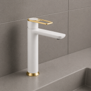 Abode Levarto Tall Basin Mixer - Matt White & Brass Abode Levarto Tall Basin Mixer - Matt White & Brass