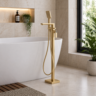 Berio Floor Standing Bath/Shower Mixer - Brushed Brass Bathroom Taps