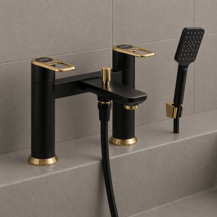 Abode Levarto Deck Mounted Bath Shower Mixer - Matt Black & Brass