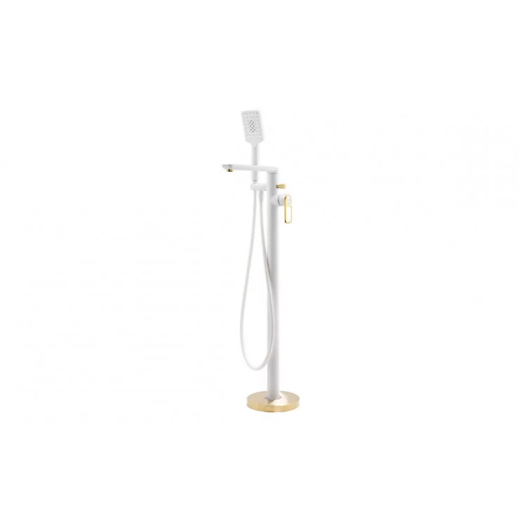 Abode Levarto Floor Standing Bath Shower Mixer - Matt White & Brass Abode Levarto Floor Standing Bath Shower Mixer - Matt White & Brass