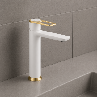 Abode Levarto Tall Basin Mixer - Matt White & Brass