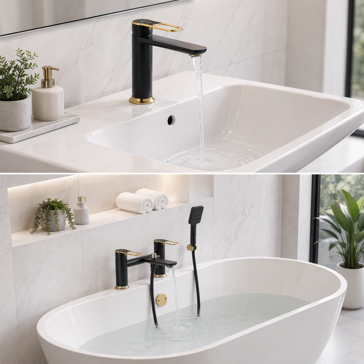 Bathroom Mixed Coloured Taps AB2785+AB2800 Abode Levarto Tall Basin Tap Set 6 - Matt Black & Brass Abode Levarto Tall Basin Tap Set 6 - Matt Black & Brass