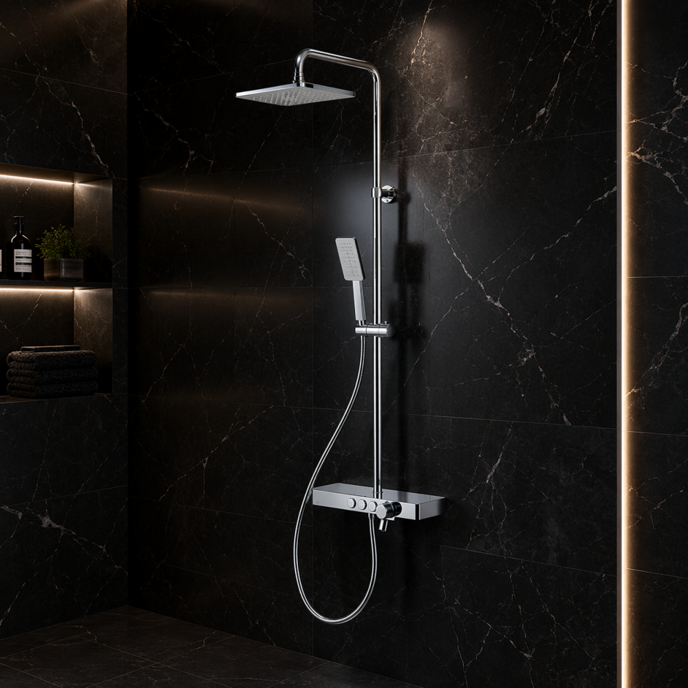 Columns Showers Chrome DICM0460 Vema Thermostatic Shower Column w/Fixed Head  Riser  Shelf & Foot Wash - White/Chrome