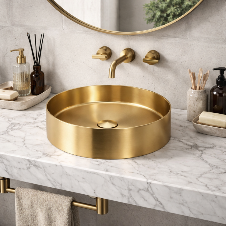 Abode Iox 375mm Round Steel Basin - PVD Brass