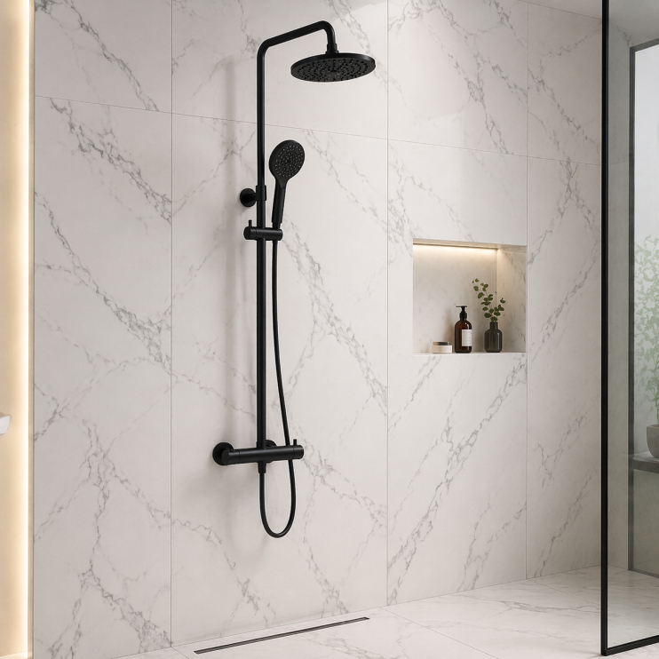 VitrA Aquaheat Bliss 240 Thermostatic Shower Column w/2-Function Overhead - Matt Black VitrA Aquaheat Bliss 240 Thermostatic Shower Column w/2-Function Overhead - Matt Black