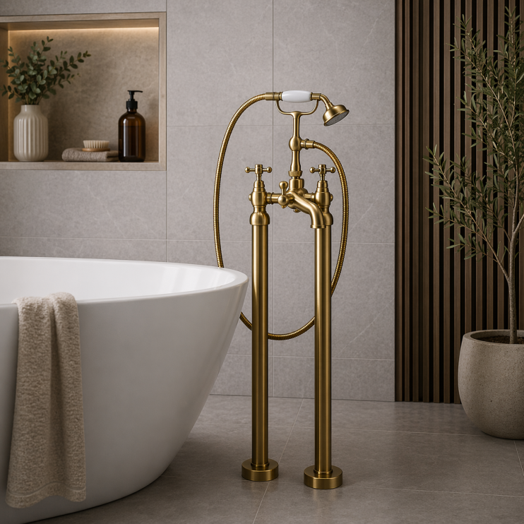 Tadlow Floor Standing Bath/Shower Mixer & Shower Kit - Brushed Brass