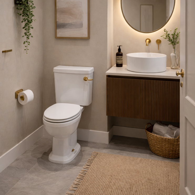 Sherbourne Close Coupled WC & Satin White Wood Effect Seat w/Br.Brass Finishes Sherbourne Close Coupled WC & Satin White Wood Effect Seat w/Br.Brass Finishes