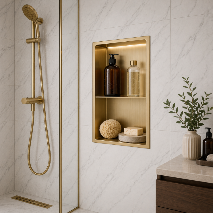610x305mm Bathroom Niche - Brushed Brass