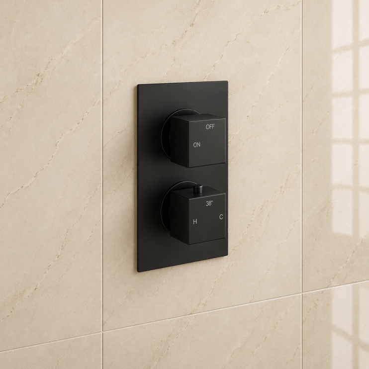 Cosmic Thermostatic Single Outlet Twin Shower Valve - Matt Black