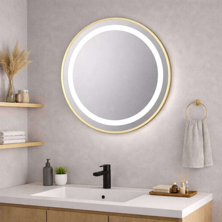 Halo 600mm Round Front-Lit LED Mirror - Brushed Brass