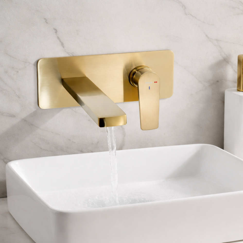 Abode Aquip Wall Mounted Basin / Bath Mixer - Brushed Brass Bathroom Taps