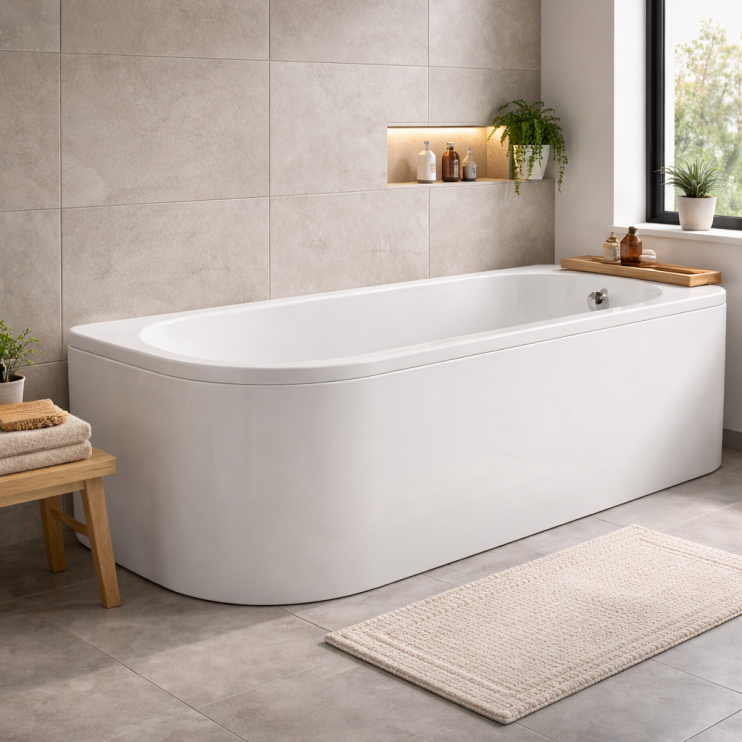 Sarasota J Shape 1500x725x600mm 0TH Bath w/Legs (RH)