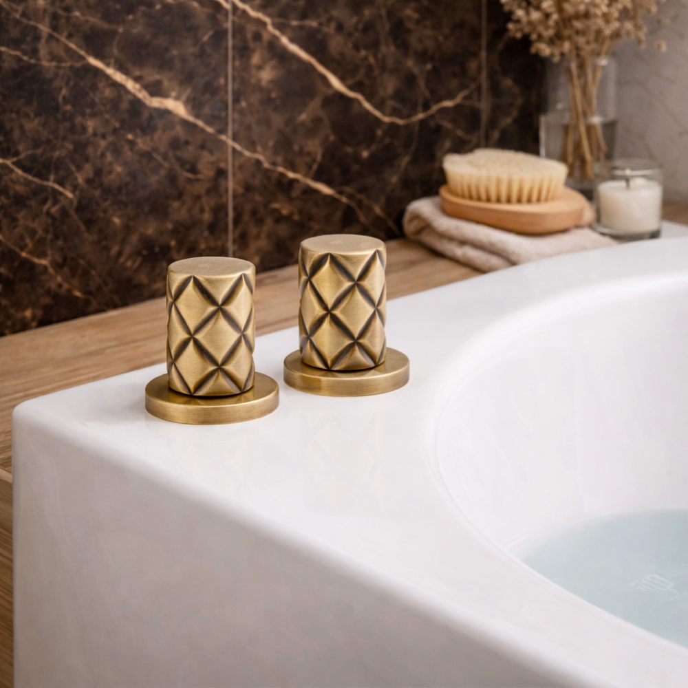 Abode Kite Deck Mounted Panel Valves - Antique Brass Bathroom Taps