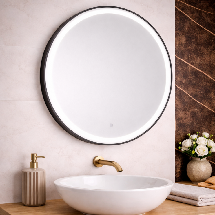 Origins Living Lomax Light Round Mirror 70cm Black LML-01D070-BK Illuminated Bathroom Mirror