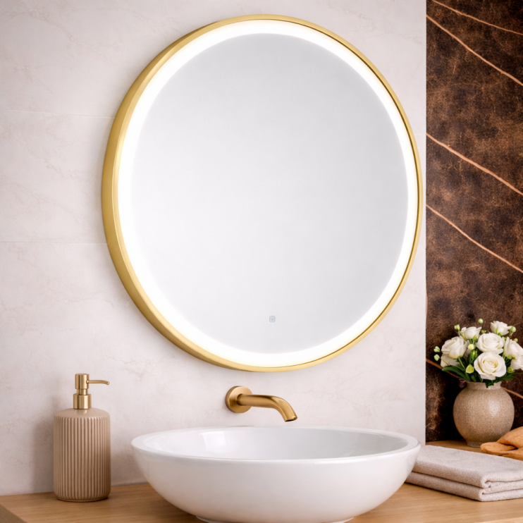 Origins Living Lomax Light Round Mirror 70cm Brushed Brass LML-01D070-BB Illuminated Bathroom Mirror