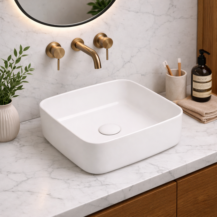 Luxey 400mm Ceramic Square Washbowl & Waste - Matt White
