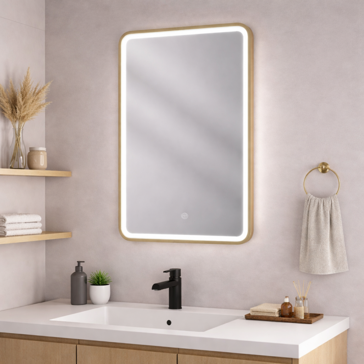 Kota 600mm Rectangle Front-Lit LED Mirror - Brushed Brass