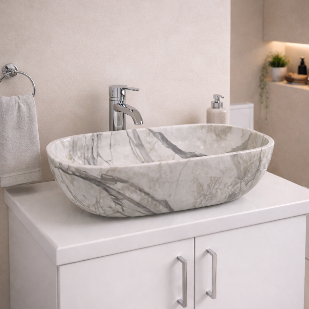 Otto 460x330mm Ceramic Washbowl - White Marble Effect Otto 460x330mm Ceramic Washbowl - White Marble Effect