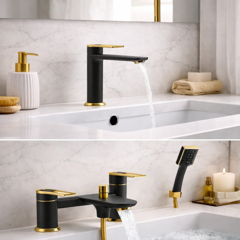 Bathroom Mixed Coloured Tap Sets AB2795+AB2780 Abode Levarto Tap Set 2 - Matt Black & Brass