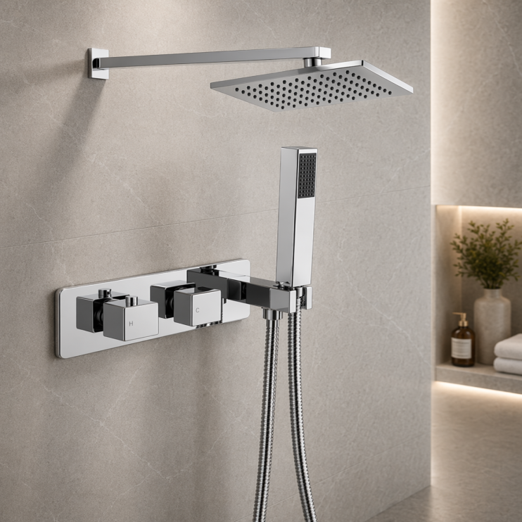 Lyra Shower Pack Two - Two Outlet Twin Shower Valve w/Handset & Brass Overhead - Chrome