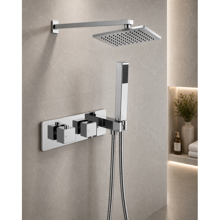 Lyra Shower Pack Two - Two Outlet Twin Shower Valve w/Handset & Brass Overhead - Chrome