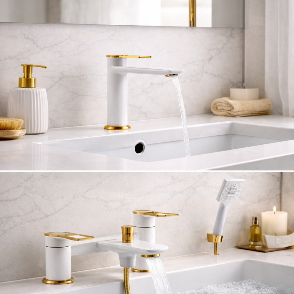 Abode Levarto Tall Basin & bath/shower Tap Set 6 - Matt White & Brass
