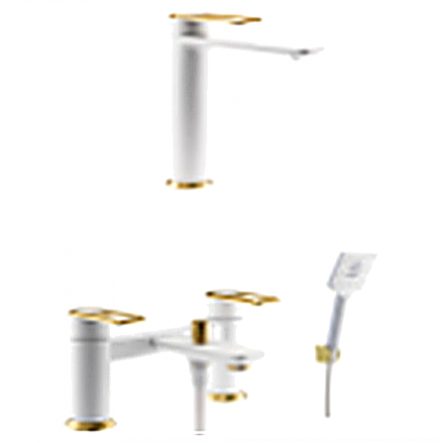 Abode Levarto Tall Basin & bath/shower Tap Set 6 - Matt White & Brass Abode Levarto Tall Basin & bath/shower Tap Set 6 - Matt White & Brass