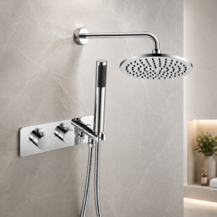 Luna Shower Pack Two - Two Outlet Twin Shower Valve w/Handset & Brass Overhead - Chrome Luna Shower Pack Two - Two Outlet Twin Shower Valve w/Handset & Brass Overhead - Chrome