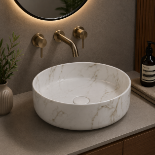 Luxey 355mm Ceramic Round Washbowl & Waste - Marble Effect Luxey 355mm Ceramic Round Washbowl & Waste - Marble Effect