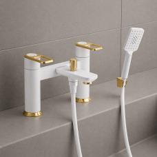 Abode Levarto Deck Mounted Bath Shower Mixer - Matt White & Brass Abode Levarto Deck Mounted Bath Shower Mixer - Matt White & Brass
