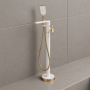 Abode Levarto Floor Standing Bath Shower Mixer - Matt White & Brass Abode Levarto Floor Standing Bath Shower Mixer - Matt White & Brass