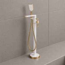 Abode Levarto Floor Standing Bath Shower Mixer - Matt White & Brass Abode Levarto Floor Standing Bath Shower Mixer - Matt White & Brass