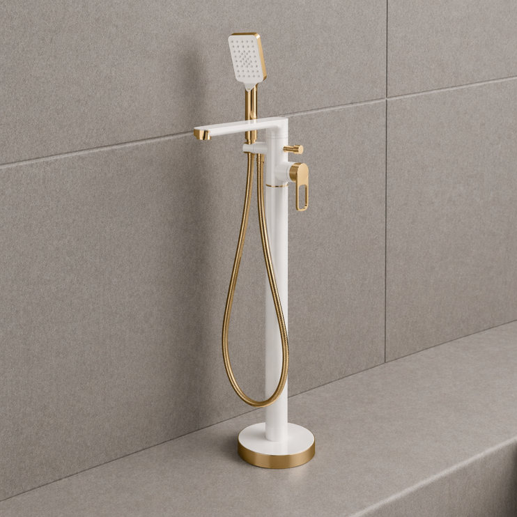 Abode Levarto Floor Standing Bath Shower Mixer - Matt White & Brass