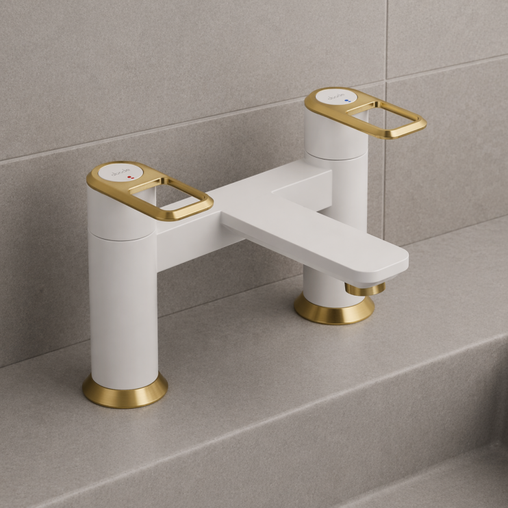 Abode Levarto Deck Mounted Bath Filler - Matt White & Brass