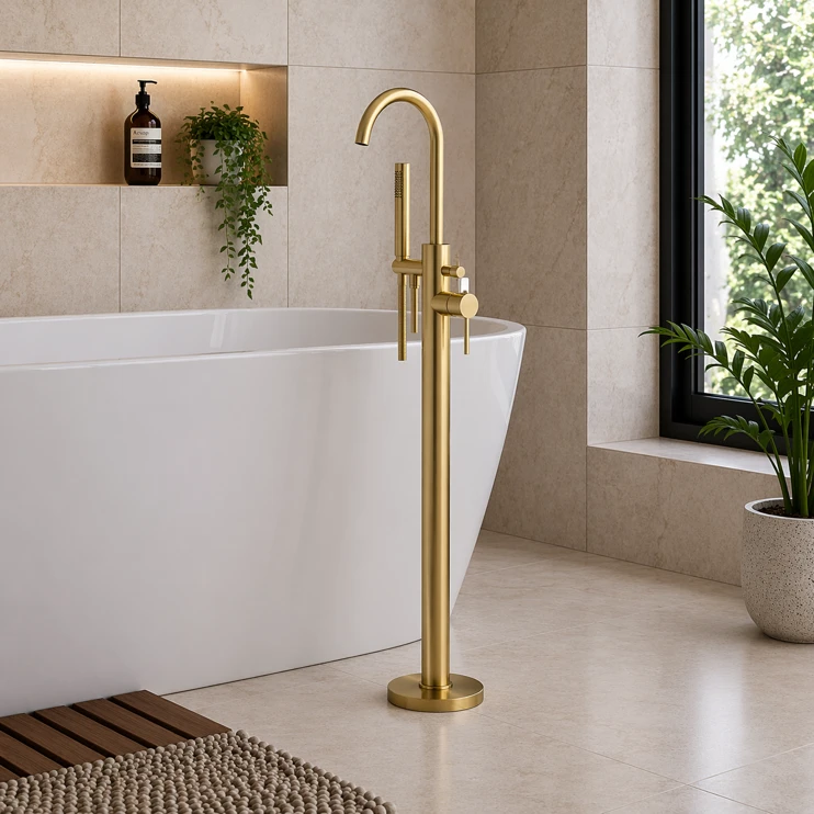 Evola Floor Standing Bath/Shower Mixer - Brushed Brass Bathroom Taps Evola Floor Standing Bath/Shower Mixer - Brushed Brass Bathroom Taps