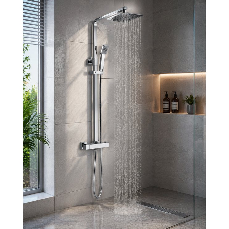 Cosmic Square Thermostatic Bar Mixer w/Riser Kit - Chrome