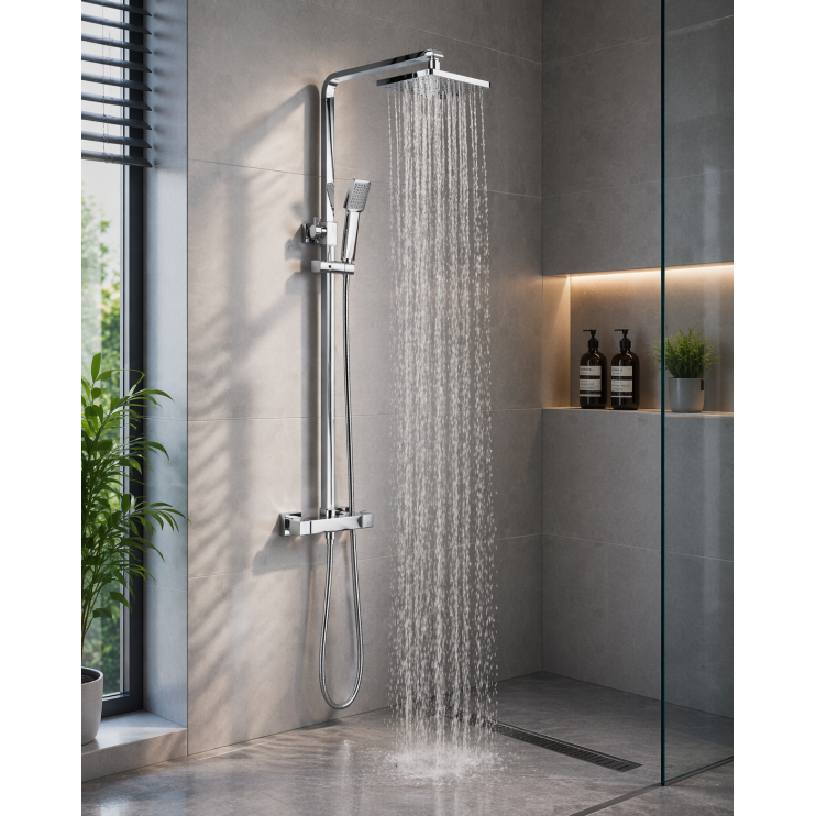 Square Thermostatic Bar Mixer w/Riser Kit - Chrome