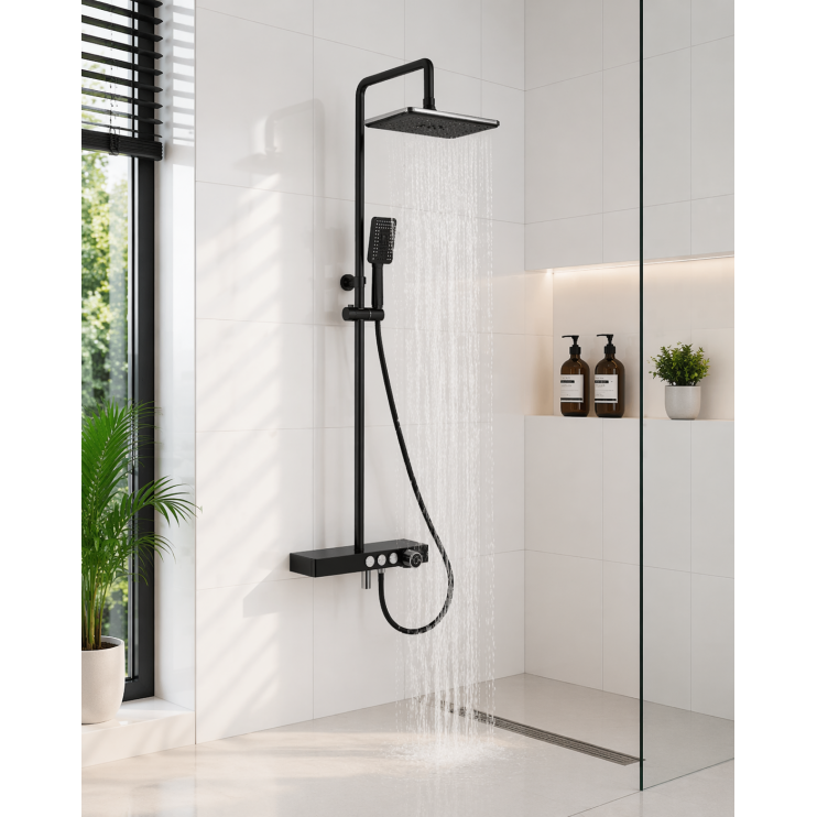 Vema Thermostatic Shower Column w/Fixed Head  Riser  Shelf & Foot Wash - Black