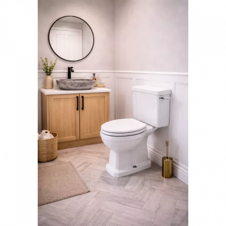 Sherbourne Close Coupled WC & Satin White Wood Effect Seat Sherbourne Close Coupled WC & Satin White Wood Effect Seat