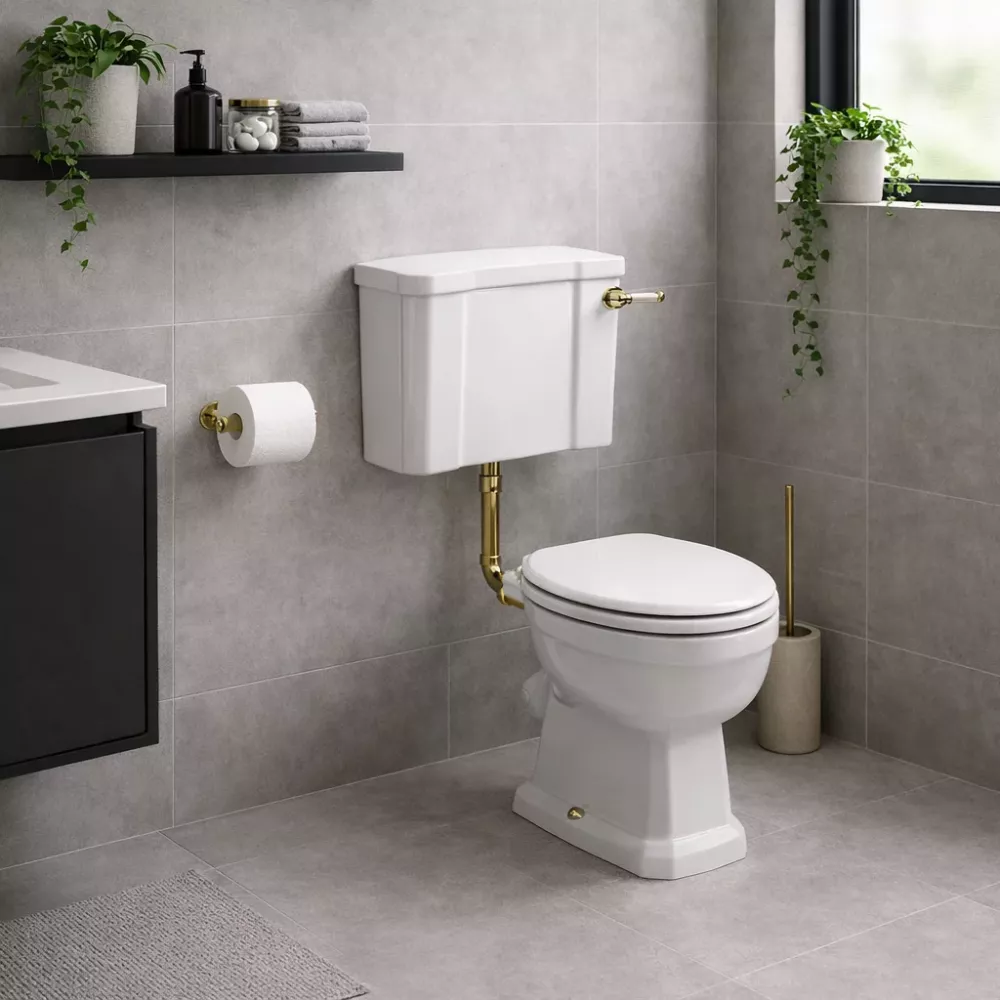 Low Level Cistern  Flush Pipe Kit  Pan & Seat DIPTP0386 Sherbourne Low Level WC & Satin White Wood Effect Seat w/Br.Brass Finishes