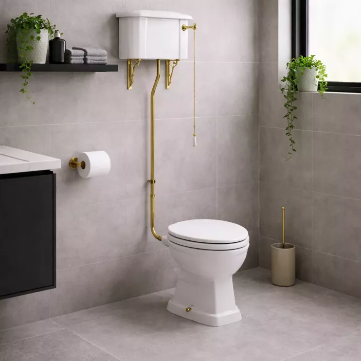 Sherbourne High Level WC & Satin White Wood Effect Seat w/Br.Brass Finishes