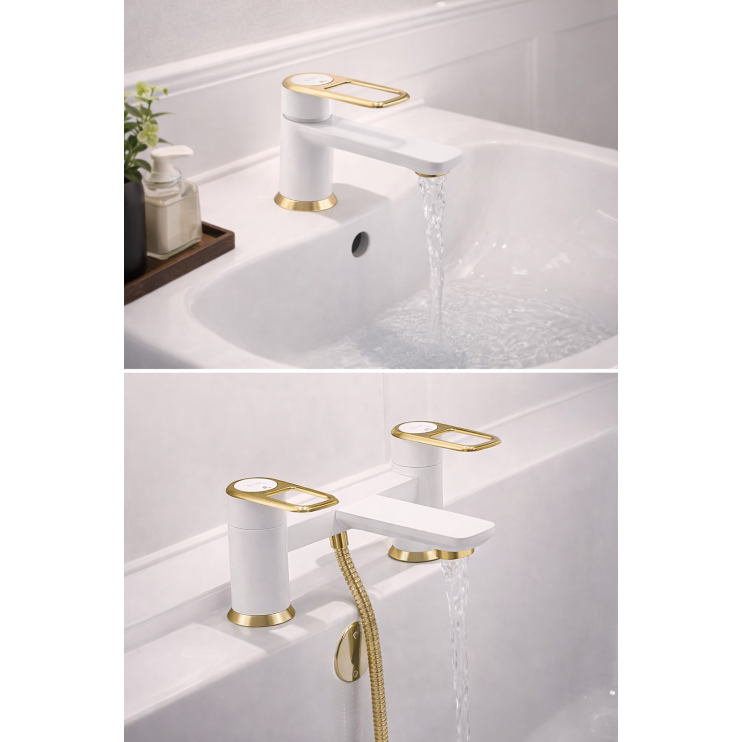 Abode Levarto basin & bath filler Tap Set 1 - Matt White & Brass