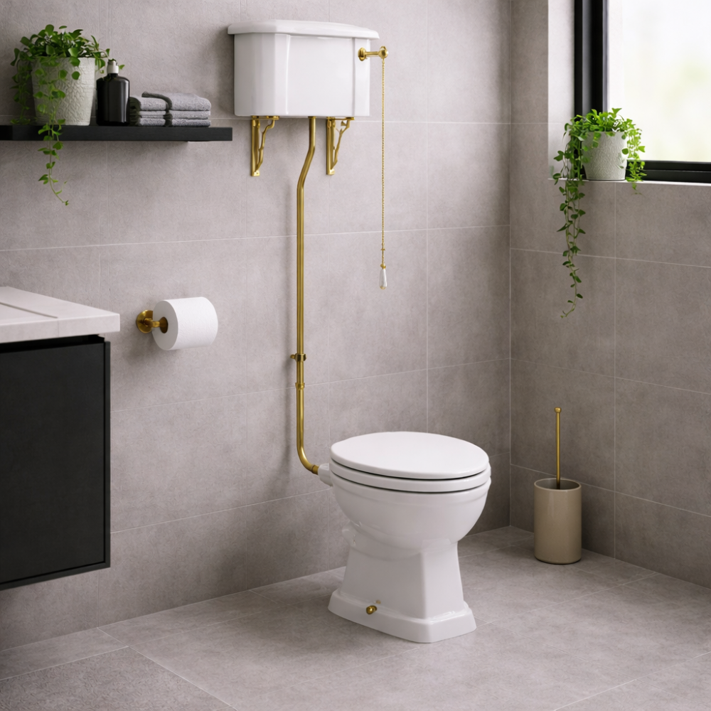 High Level Cistern  Flush Pipe Kit  Pan & Seat DIPTP0384 Sherbourne High Level WC & Satin White Wood Effect Seat w/Br.Brass Finishes