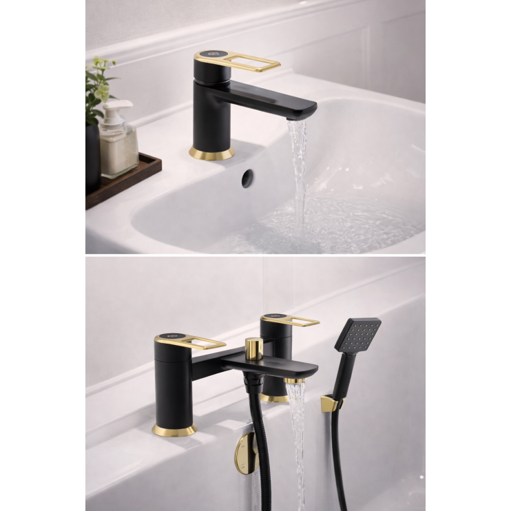 Abode Levarto Basin/Shower mixer Tap Set 3 - Matt Black & Brass Abode Levarto Basin/Shower mixer Tap Set 3 - Matt Black & Brass