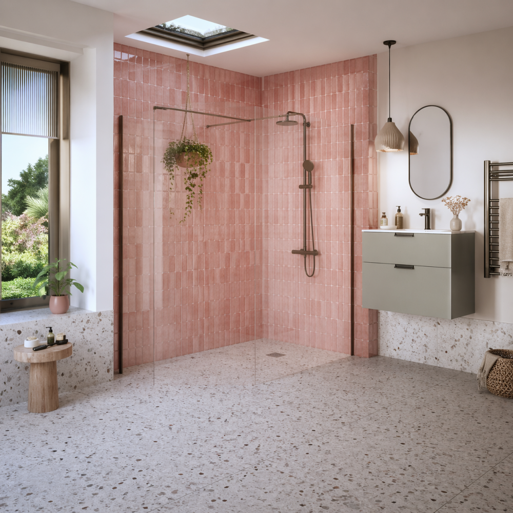 Iconix 900mm 8mm Glass Wetroom Panel & Support Bar - Brushed Bronze